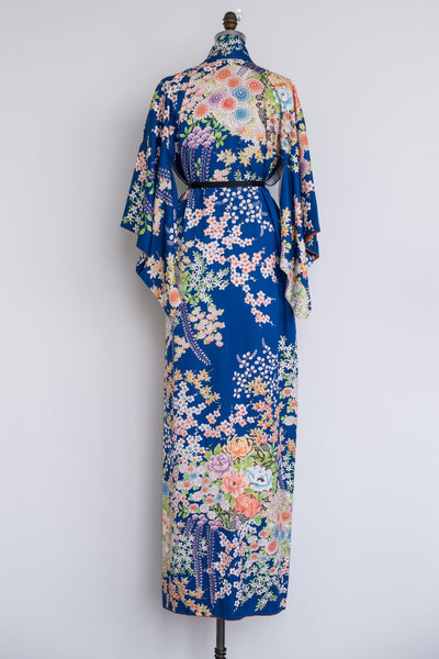 Vintage Royal Blue Floral and Leaves Kimono - One Size | G O S S A M E R