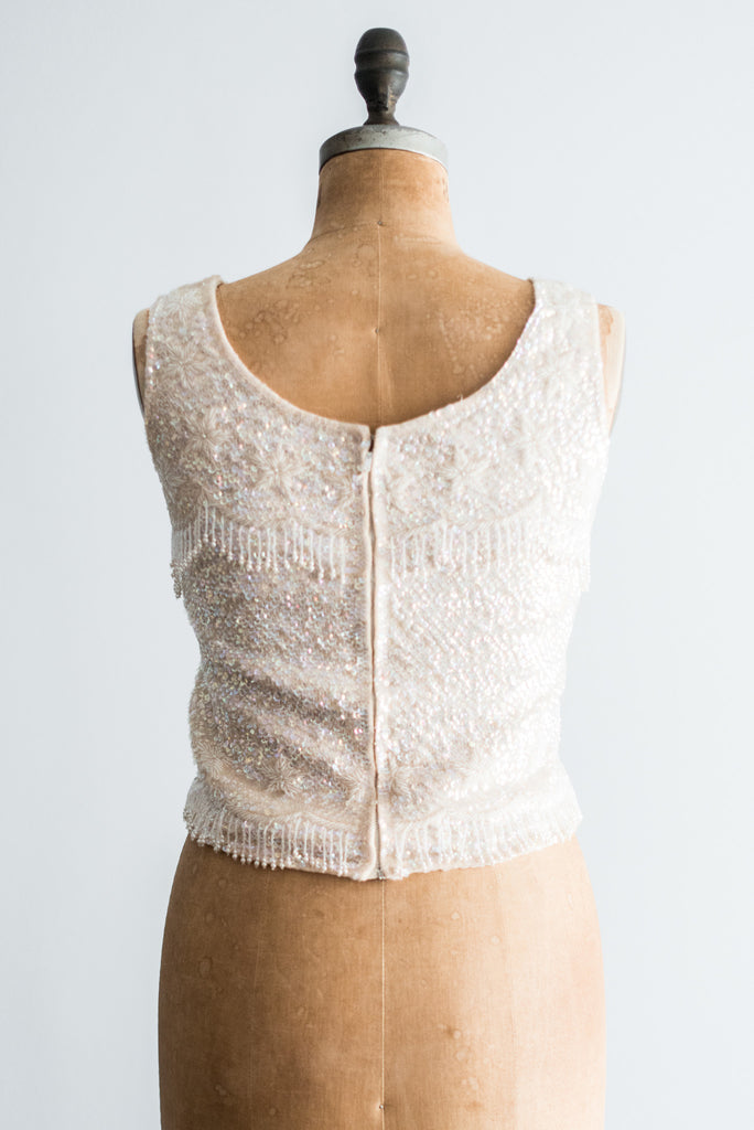 1960s Wool Top with Ivory Sequins and Beads - M | G O S S A M E R