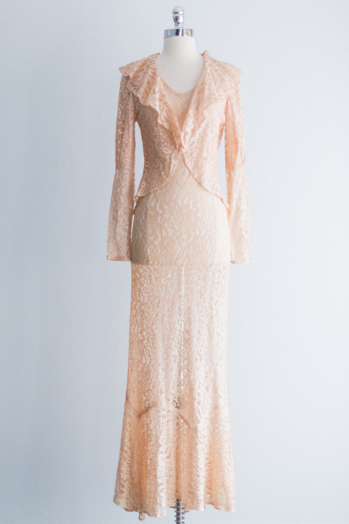 1930s Peach Lace Gown with Jacket - XS | G O S S A M E R