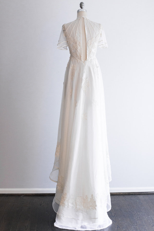 1970s White Chiffon Gown with Flower Embroidery - S | G O S S A M E R