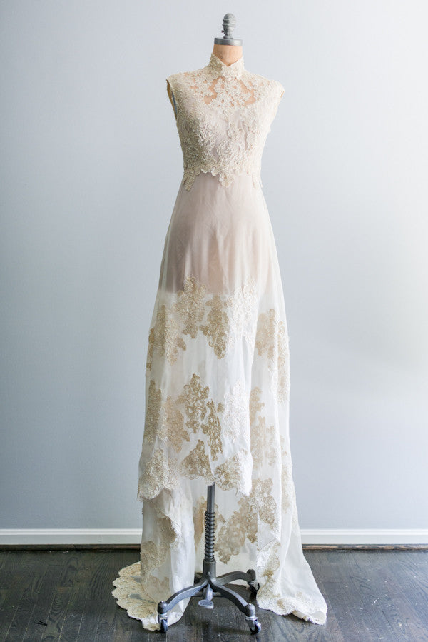 SOLD 1960's Lace and Chiffon Trained Wedding Gown | G O S S A M E R