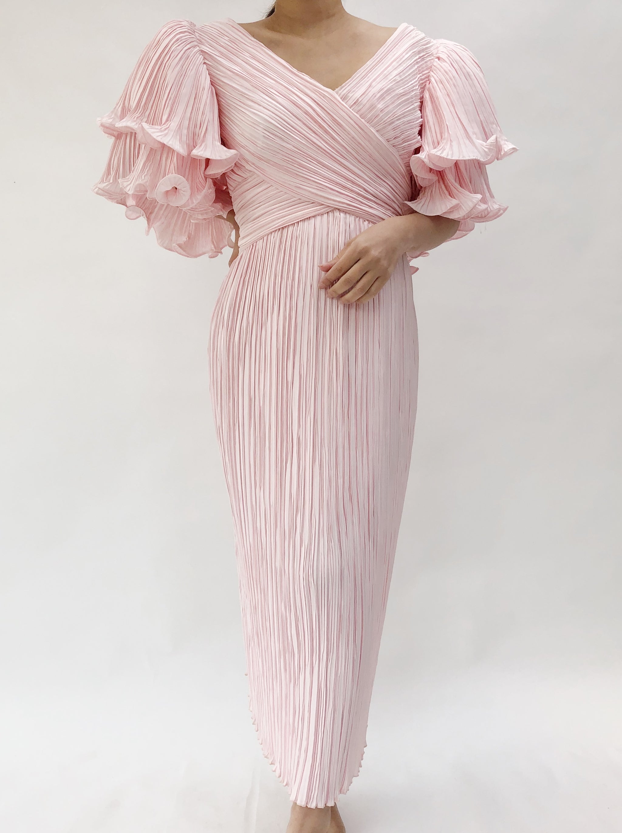 pink dress with ruffle sleeves