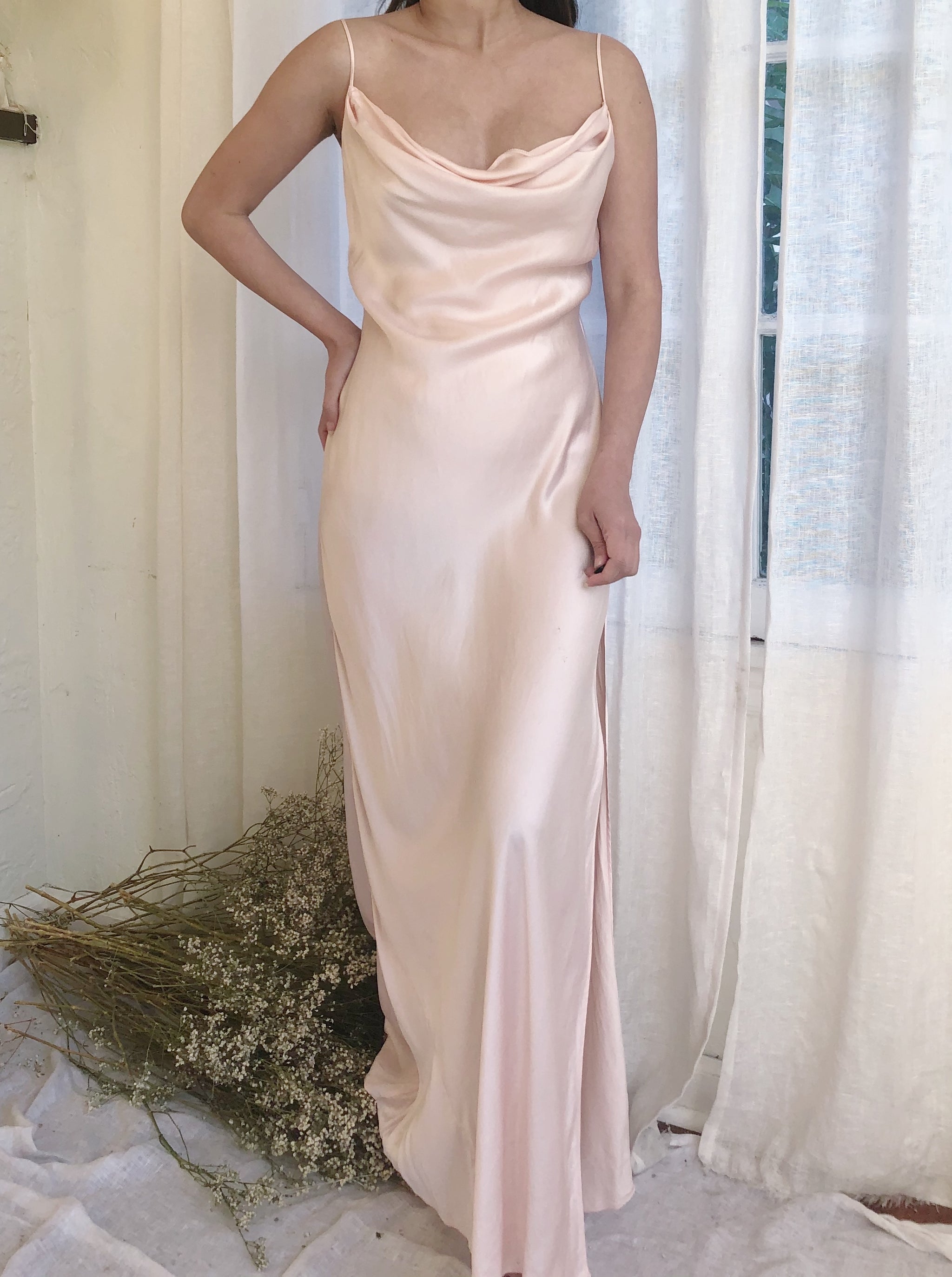 Pink Silk Bias Cut Silk Long Dress M G O S S A M E R