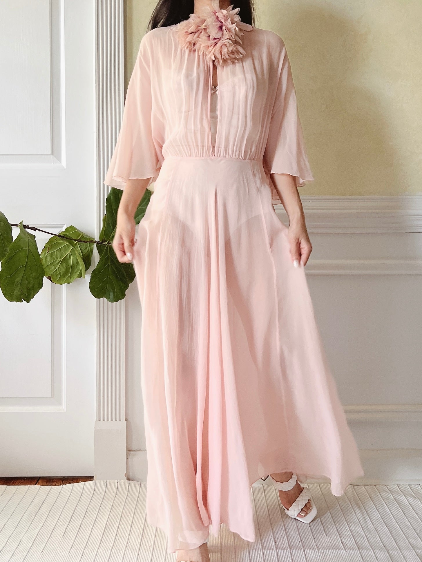 1930s Silk Chiffon Flutter Sleeve Dress - M