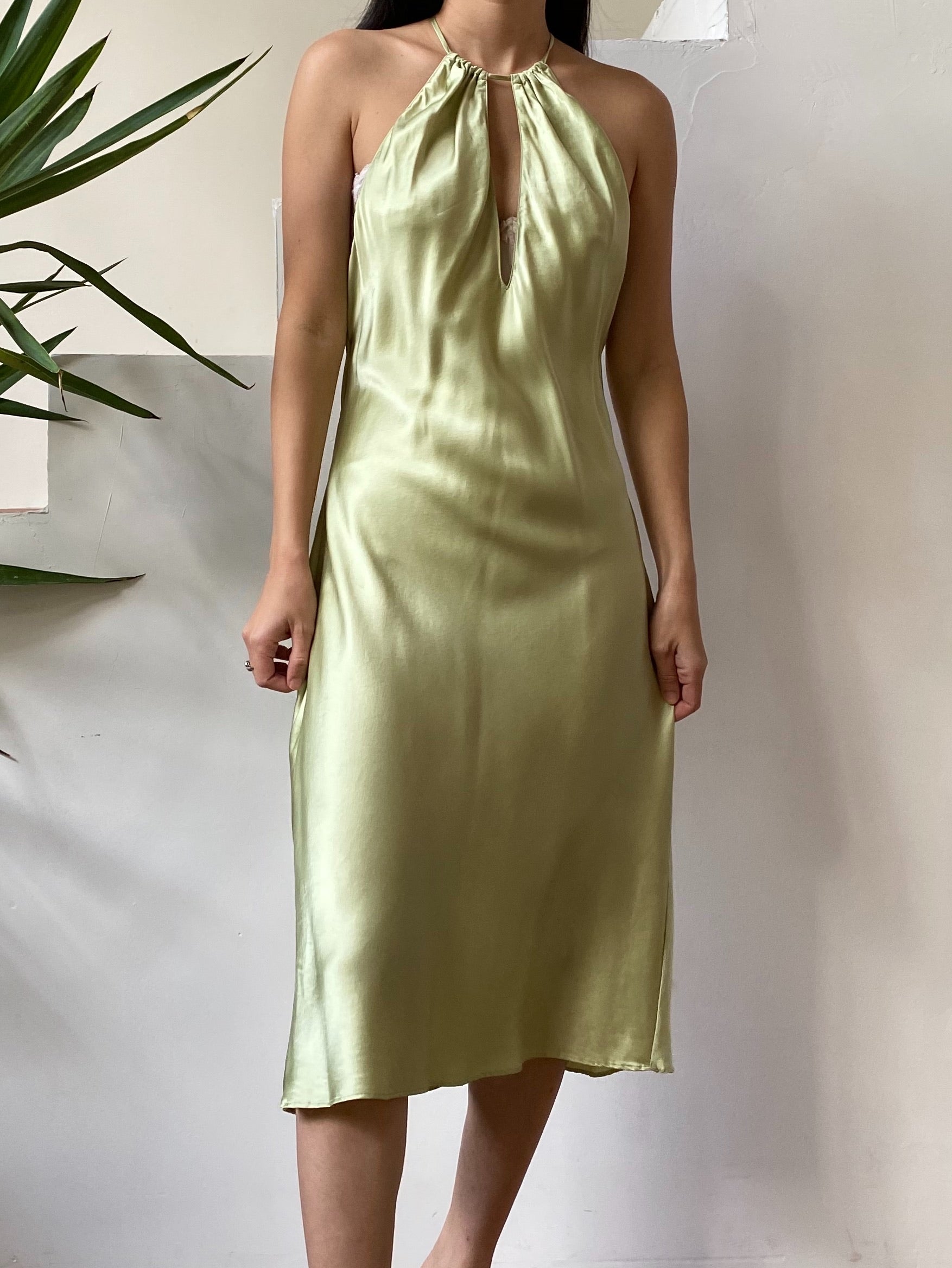 silk slip dress green