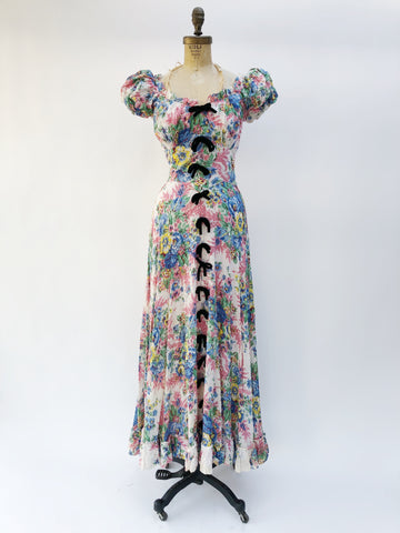 1930s Cotton Floral Print Gown - XS