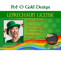 leprechaun license pot of gold design with shamrocks and rainbow