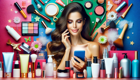women surrounded by skincare and makeup