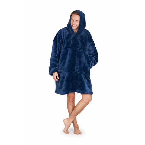 Adult male wearing navy hooded blanket