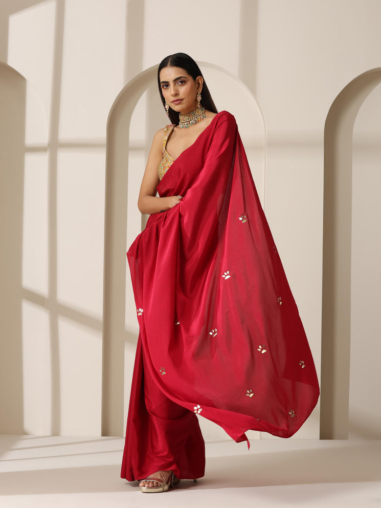 Red Crepe Saree with Beads on Pallu and Self Blouse Fabric