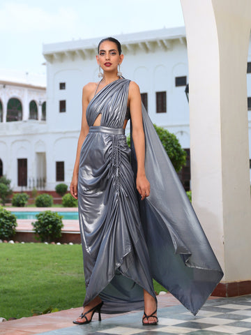 Khwaab by Sanjana Lakhani Pre-draped Saree With Asymmetric Choli | Blue,  Pearl, Georgette, Round, Asymmetric | Drape saree, Aza fashion, Designer  dresses