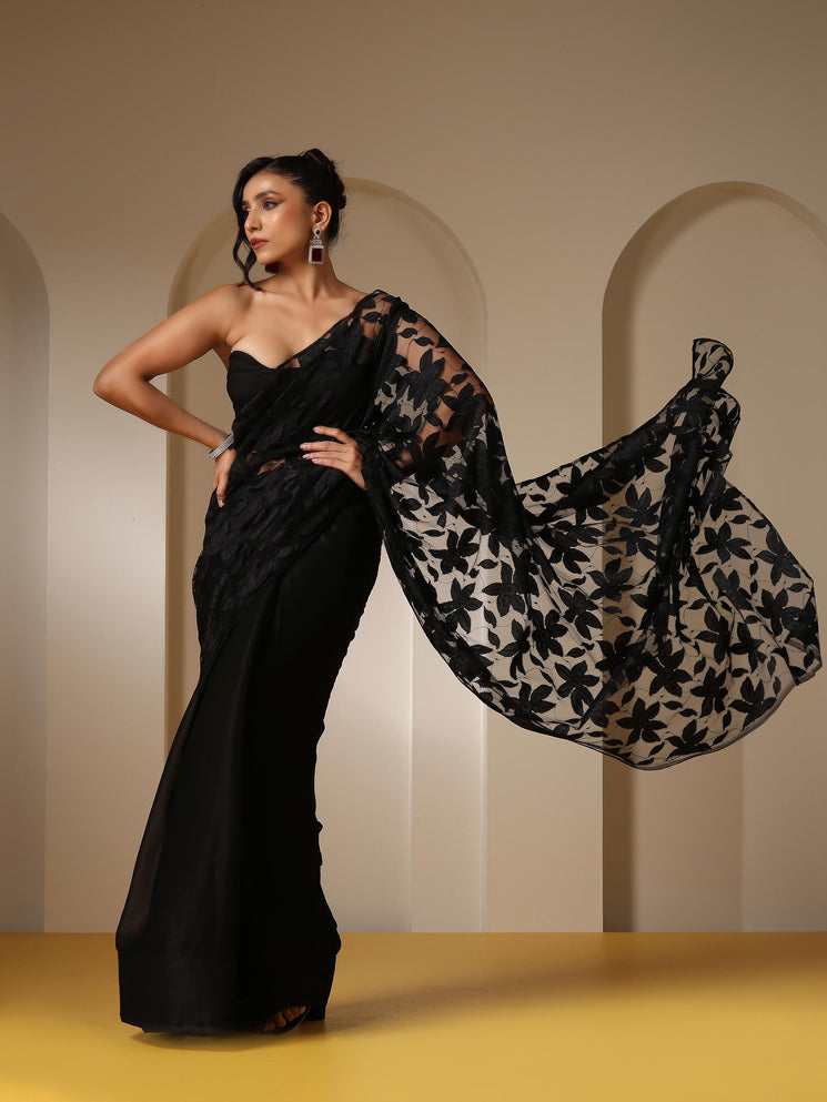 Night Bird Net Saree with Blouse Fabric
