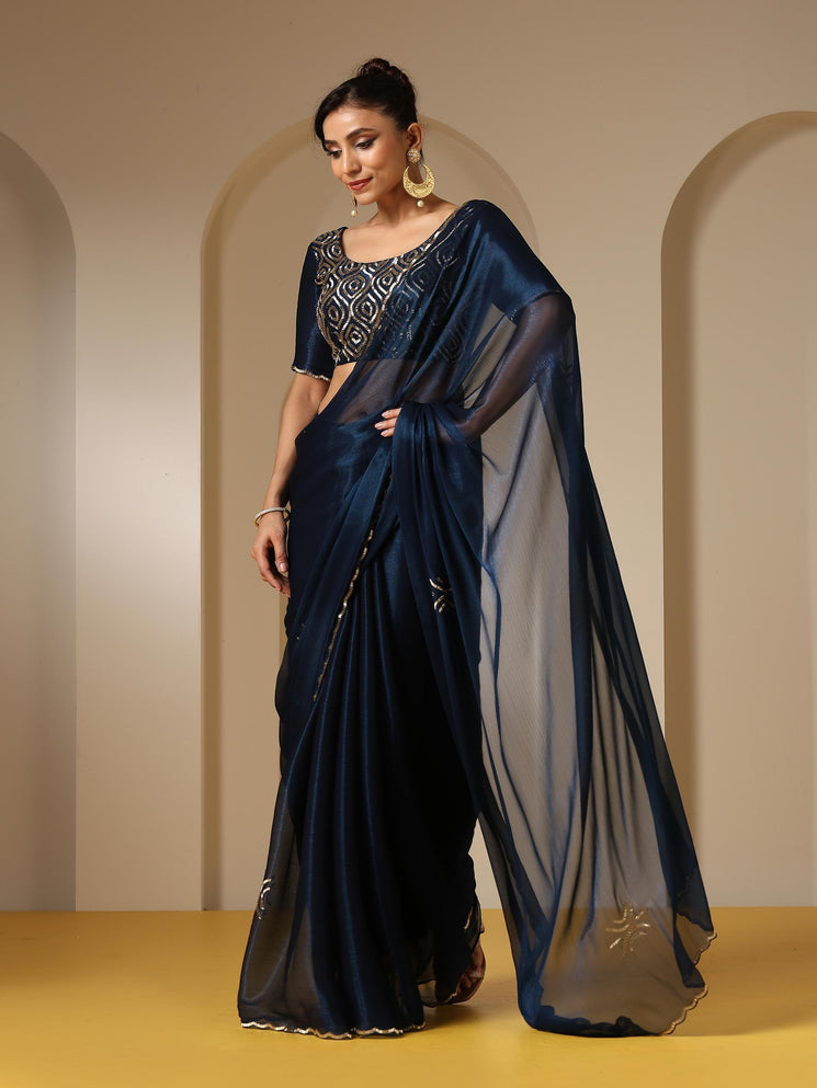 Blue Gold Beaded Radiance Shimmer Chiffon Saree with Beaded Blouse Fabric