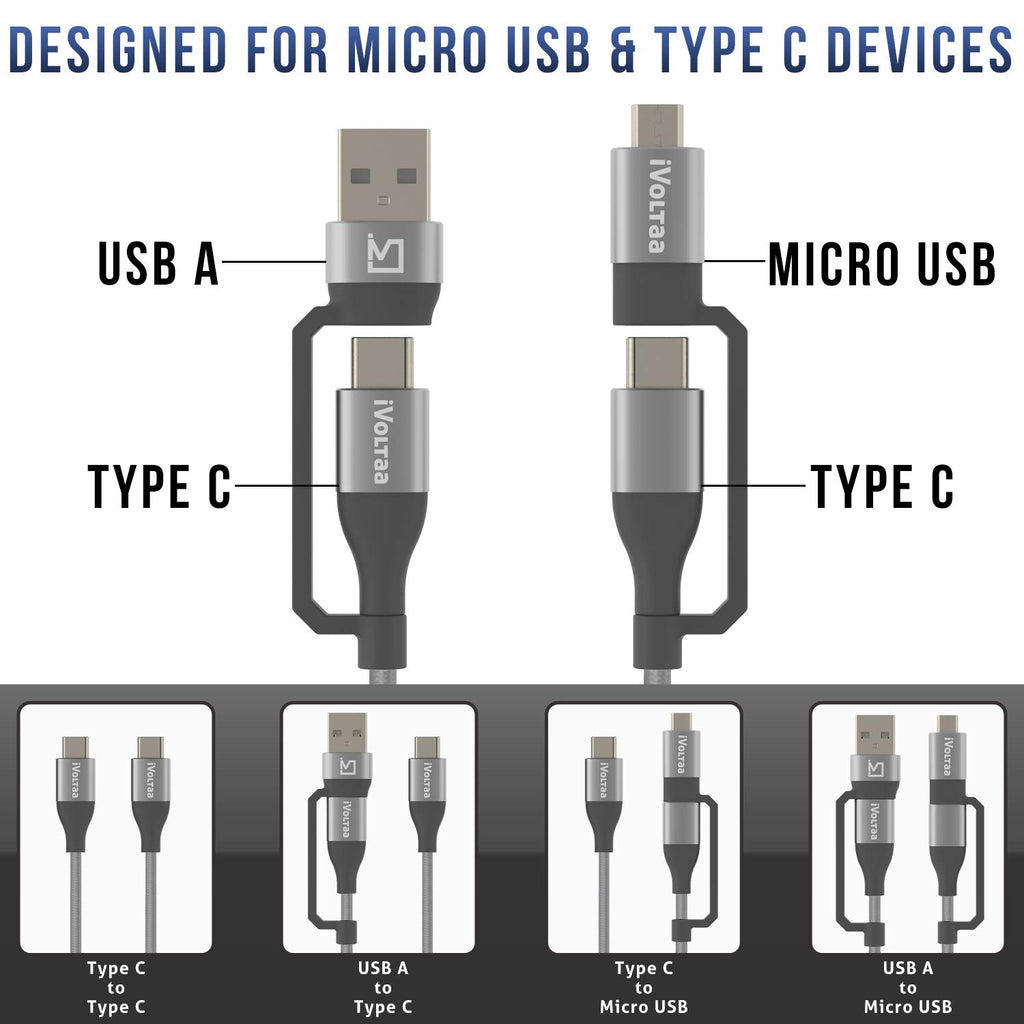 iVoltaa 4in1 PD 60W Type C/USB A to Type C/Micro USB Cable - (3.3 Feet