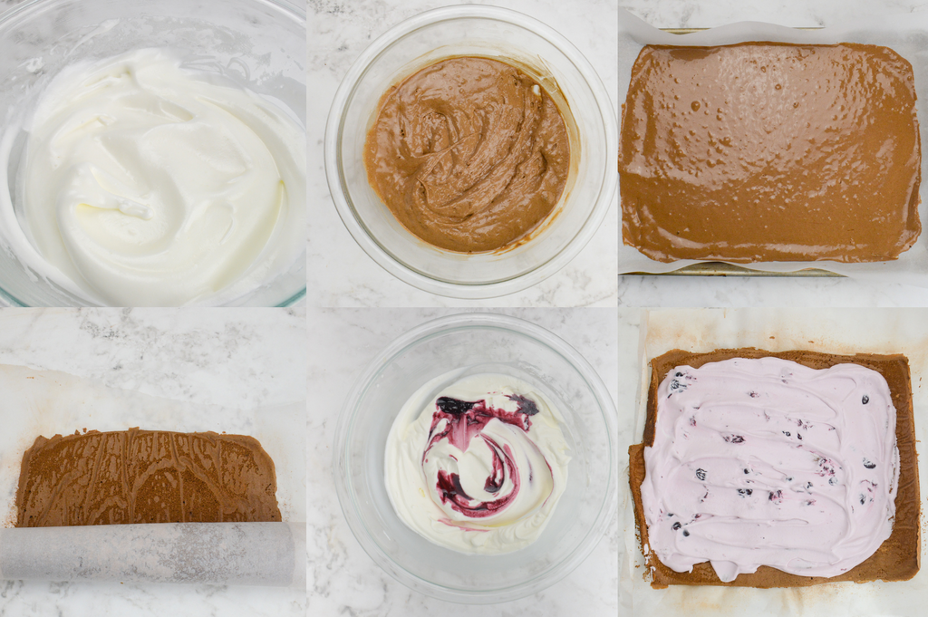 Reference photo for six steps. One of egg whites whipped, one of batter, the batter spread on a pan, rolling the cake, the cream and cherry mixture and assembling the cake