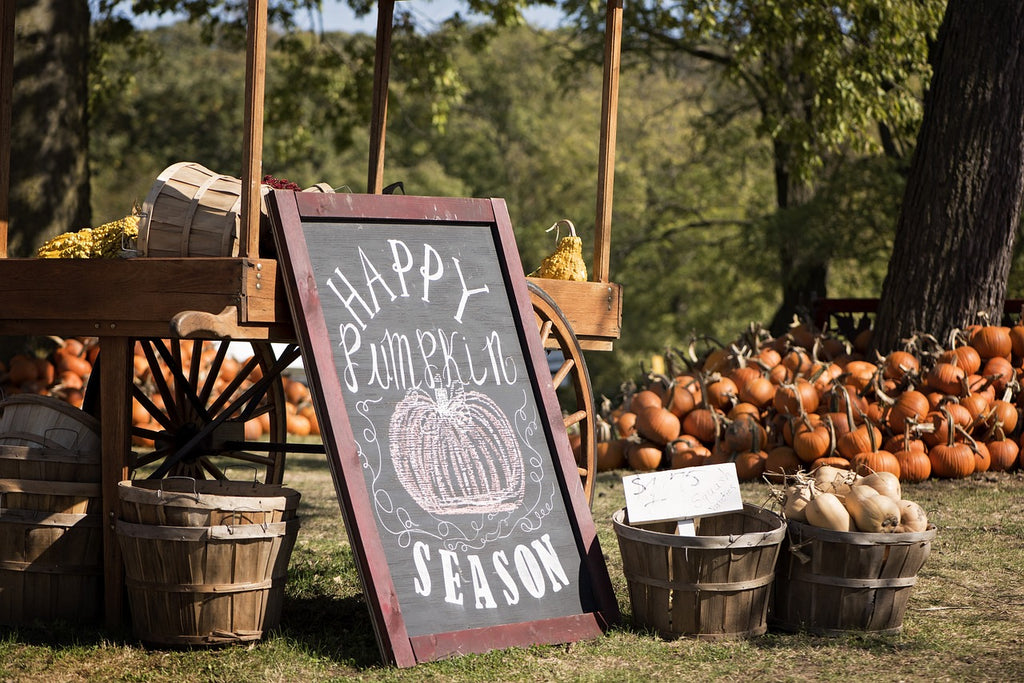 Outdoor at a pumpkin patch a chalkboard sign reads "happy pumpkin season" piles of pumpkins fill the background.