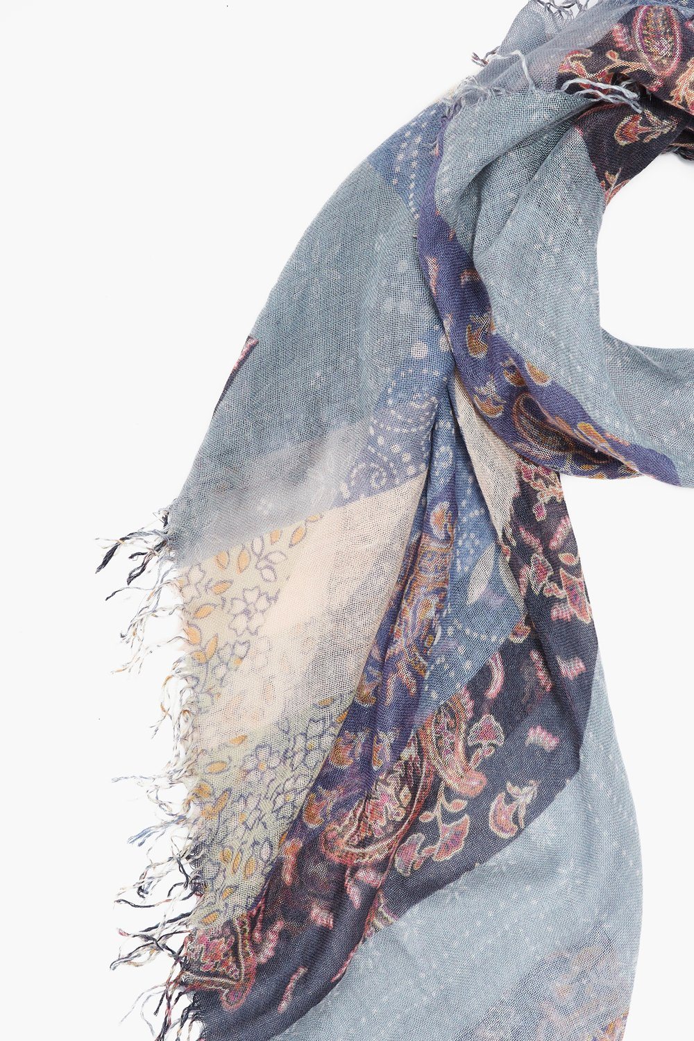 Grey Blue Patchwork Cashmere And Silk Scarf