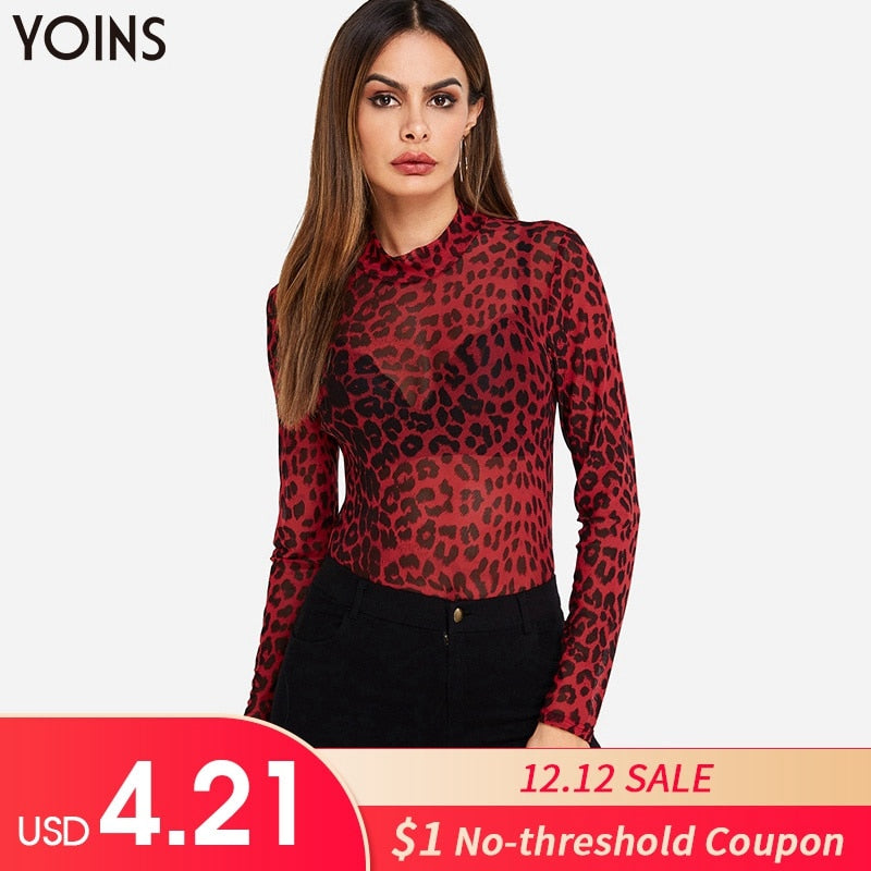 Red Leopard Print Blouses Shirts 2019 Spring Autumn Mesh See through L Street Genius