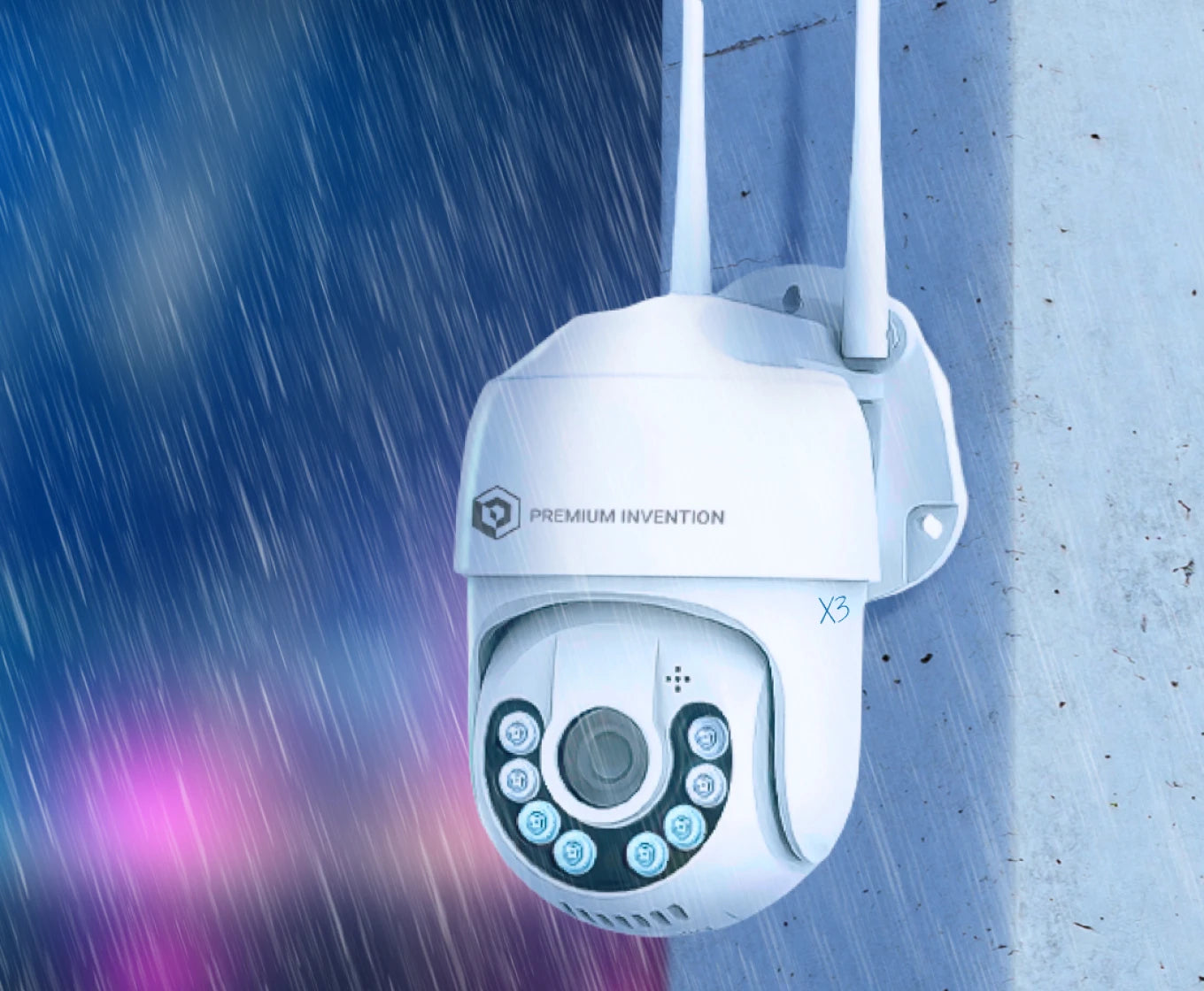 Outdoor security camera in rain, mounted on a wall.