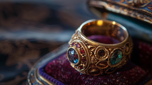 A close-up of an intricately designed signet ring from the Renaissance