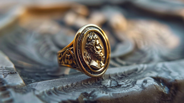 close-up of a Greek signet ring adorned with the image of Zeus or Athena