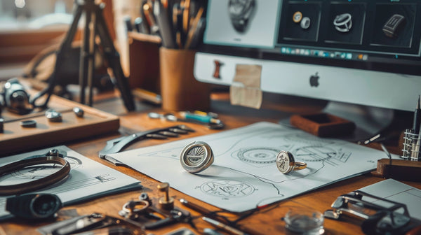 an image of a designer's sketchbook alongside various signet rings