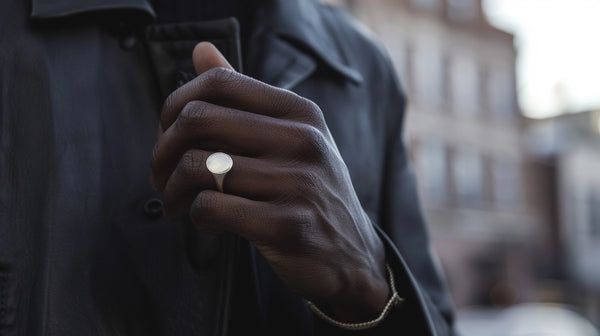 A stylish, contemporary hand wearing a modern signet ring