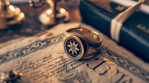 signet ring engraved with a symbol or date significant to a personal achievement or milestone