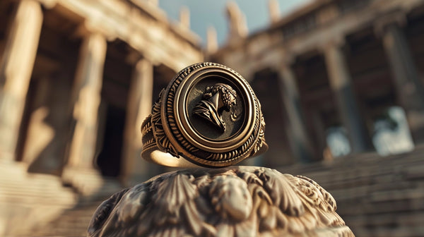 close-up of a Greek signet ring adorned with the image of Zeus or Athena