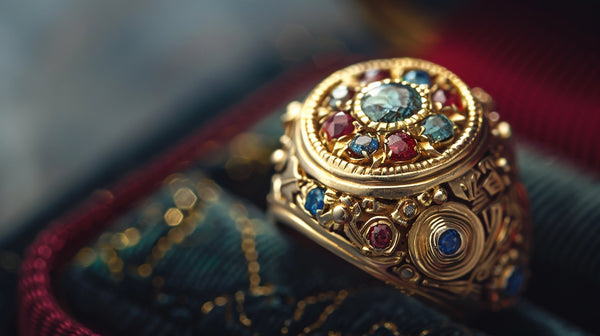 A close-up of an intricately designed signet ring from the Renaissance