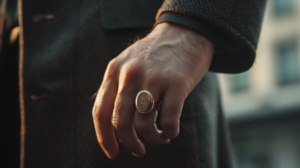 A stylish, contemporary hand wearing a modern signet ring