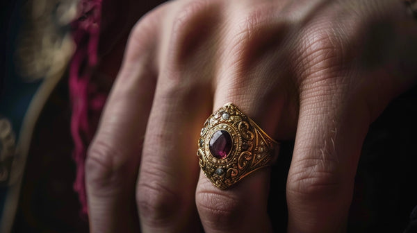 A close-up of an intricately designed signet ring from the Renaissance