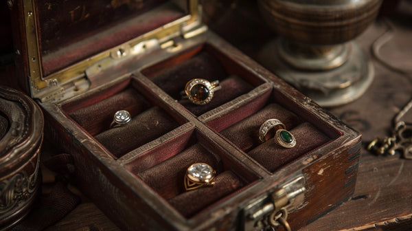 elegantly aged wooden box open to reveal a family's collection of signet rings