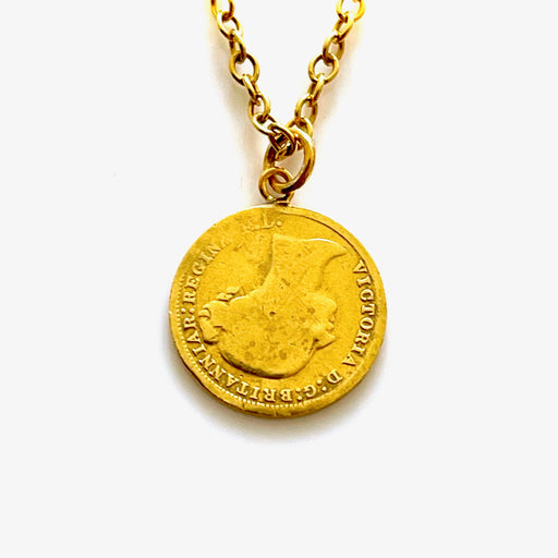 Close-up of 1875 Victorian British Three Pence Coin in Gold Plated Silver Pendant