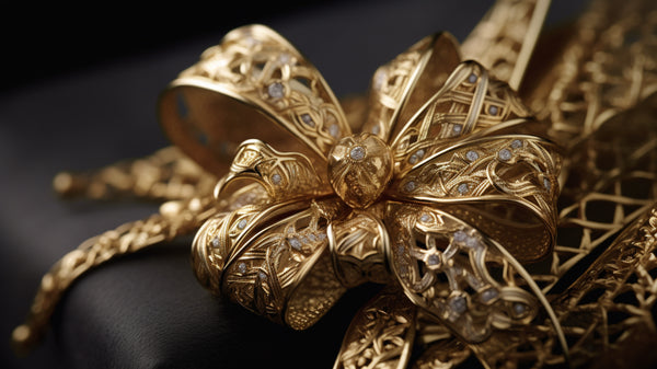 Close-up image of a delicate gold ribbon-tied bow brooch from Roberts & Co, showcasing intricate craftsmanship and glossy finish, pinned elegantly on a dark fabric background to highlight its detailed design and luxurious appearance