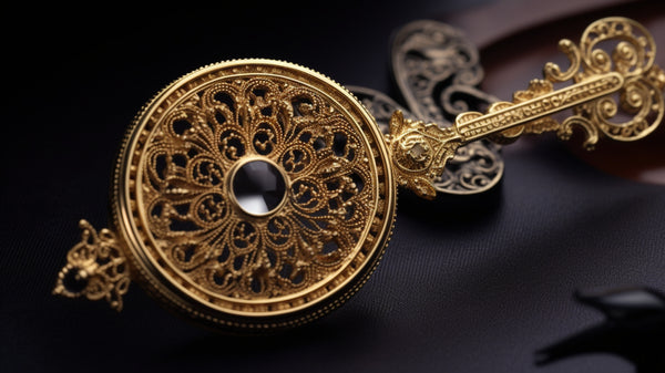 Close-up of an intricate vintage gold brooch showcasing detailed craftsmanship, with delicate engravings and filigree work that reveal the artistic skill and precision involved in its creation.