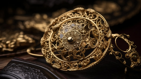 A display of various vintage gold brooches, each featuring unique artistic designs, from ornate floral motifs to sophisticated geometric shapes, showcasing the diversity and creativity of historical jewelry making.