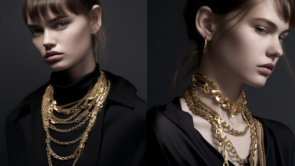 A model elegantly wearing layered gold necklace chains, highlighting the versatility of Roberts & Co's jewelry.