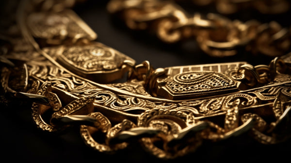 Close-up of an intricately engraved gold bracelet, showcasing Roberts & Co's attention to detail.