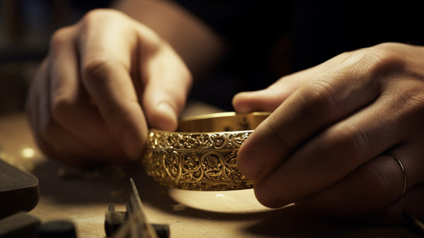 Focused view of a jeweller working on a gold bangle, illustrating the artisanal quality of Roberts & Co's jewelry.