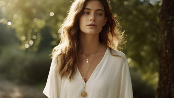 Stylish model showcasing a Roberts & Co gold pendant and necklace, perfect for spring fashion