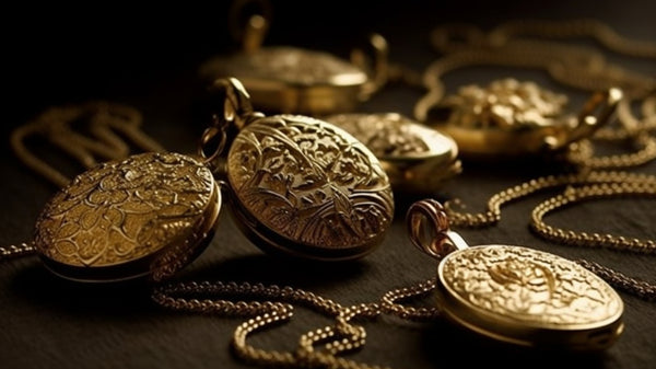 An array of classic gold lockets from Roberts & Co, each with unique designs and intricate details.