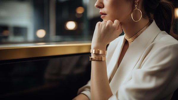 Model gracefully wearing a gold pendant and necklace by Roberts & Co, complementing a spring outfit.