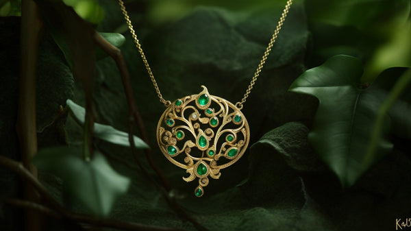 Intricate nature inspired gold + emerald pendant necklace