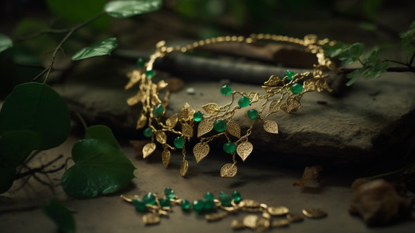 Intricate nature inspired gold leaf + emerald necklace