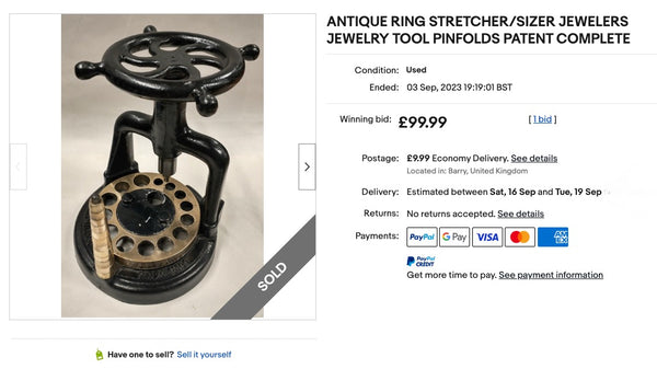 Original eBay listing showcasing Pinfold's Patent ring sizer for sale