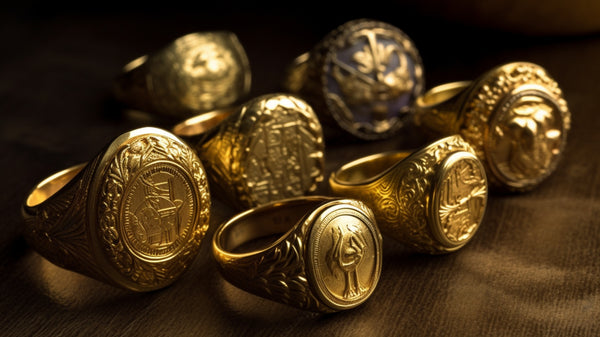 A collection of gold signet rings with various intricate designs, displayed together.