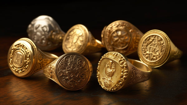 Antique gold signet ring with a deep history, showcased in a museum-like setting.