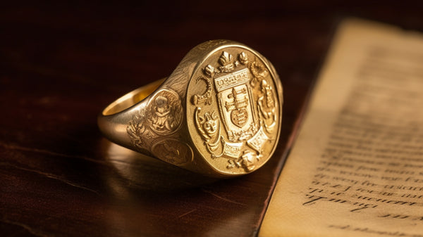 Close-up of a polished gold signet ring with a family crest