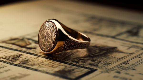 Heirloom signet ring in yellow gold, featuring an intricate family coat of arms.